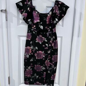 Ladies Size 2 Premier Black and Purple Floral Midi Dress GUC